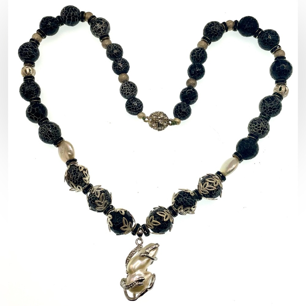 Artisan Sterling Baroque Pearl Pendant Necklace Dragon Vein Agate Bead Statement